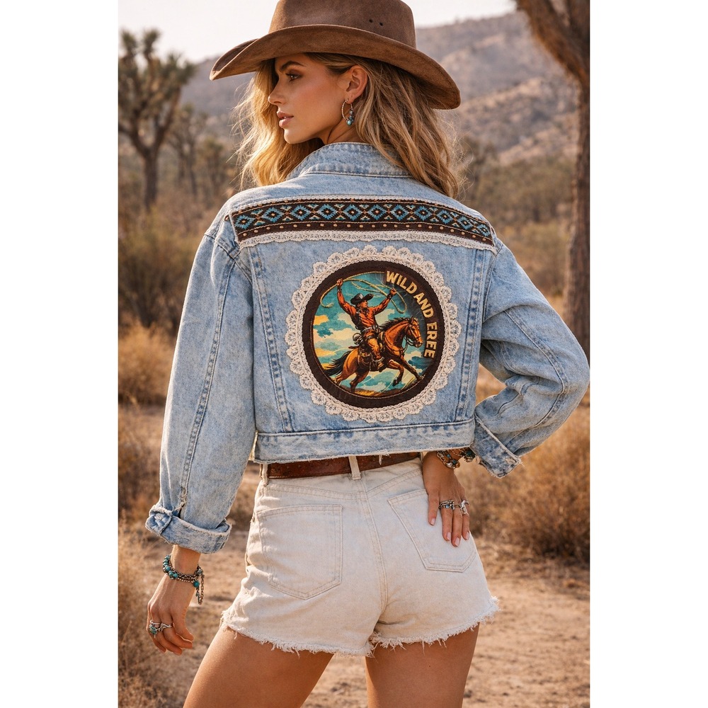 Upcycled Denim Jacket Women's Medium Western Cowboy Patch Boho